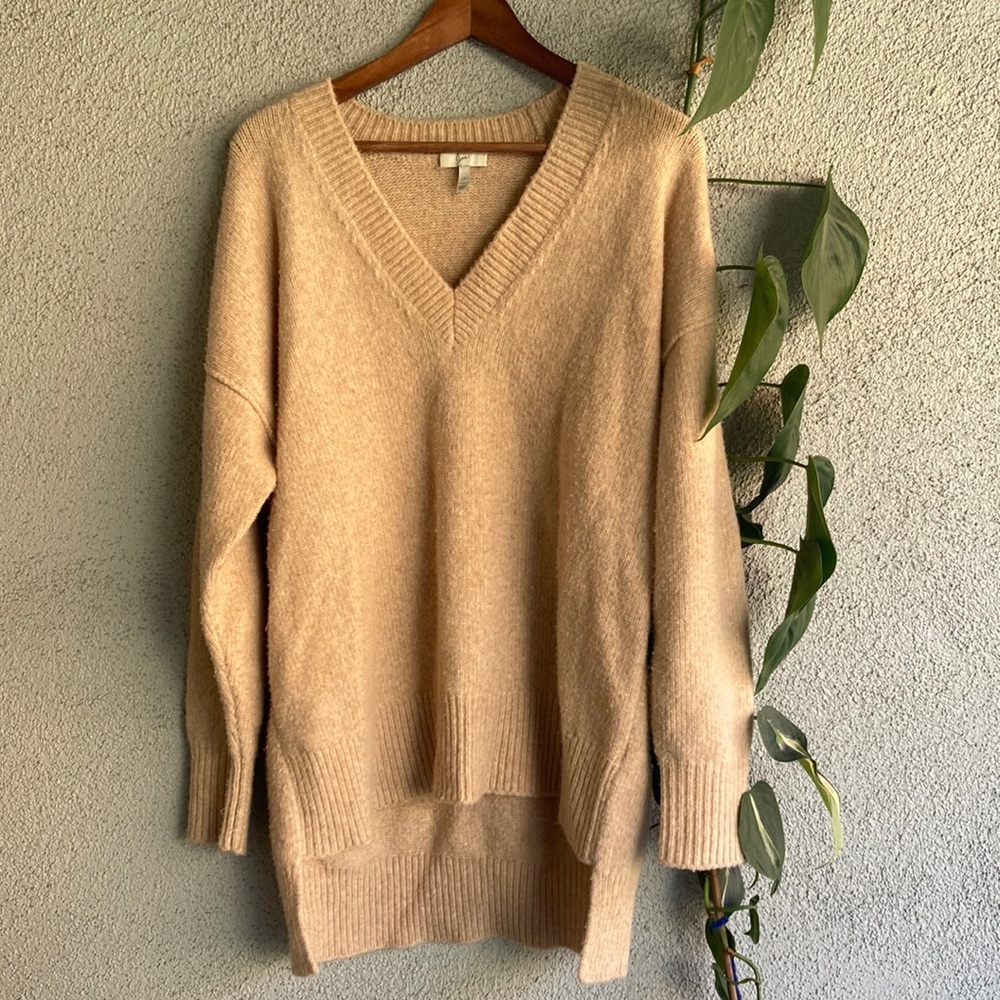 JOIE | Heathered Beige Wool Blend Oversized V Neck Knit Sweater Size L